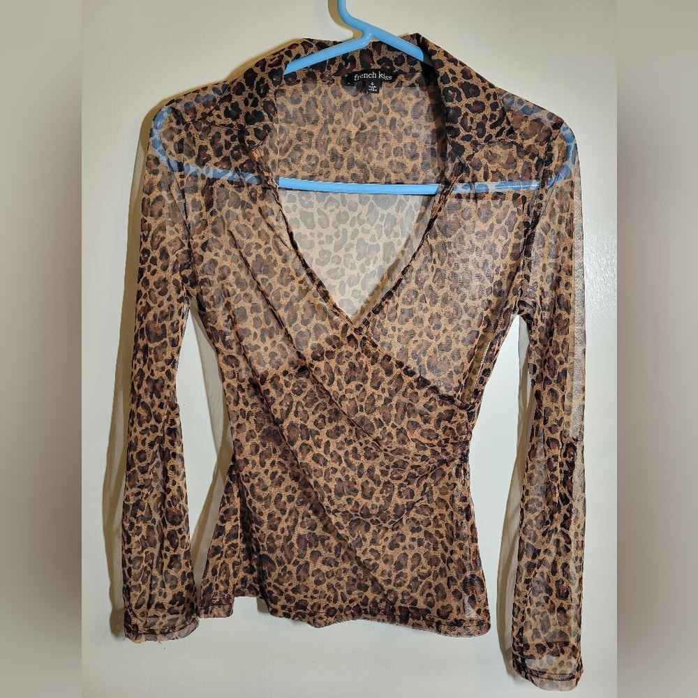 French Kyss Brown Leopard Print Sheer Blouse